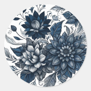 Sticker Rond Mariage Bohème Fleurie Bleu et Blanc