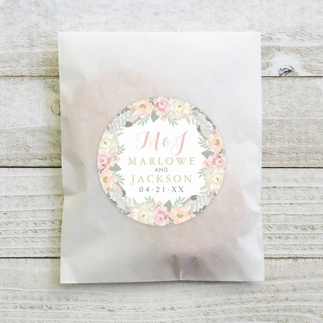 Sticker Rond Mariage Bohème Floral Rose Pâle Or Monogramme (Créateur téléchargé)