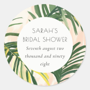 Sticker Rond Mariage Bohème Rose Vert Tropical Palmier