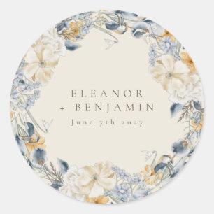 Sticker Rond Mariage Boho bleu rustique jaune Floral