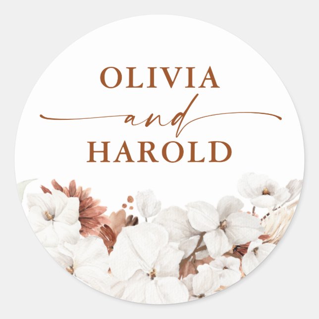 Sticker Rond Mariage Boho en terre cuite et fleurs blanches (Devant)