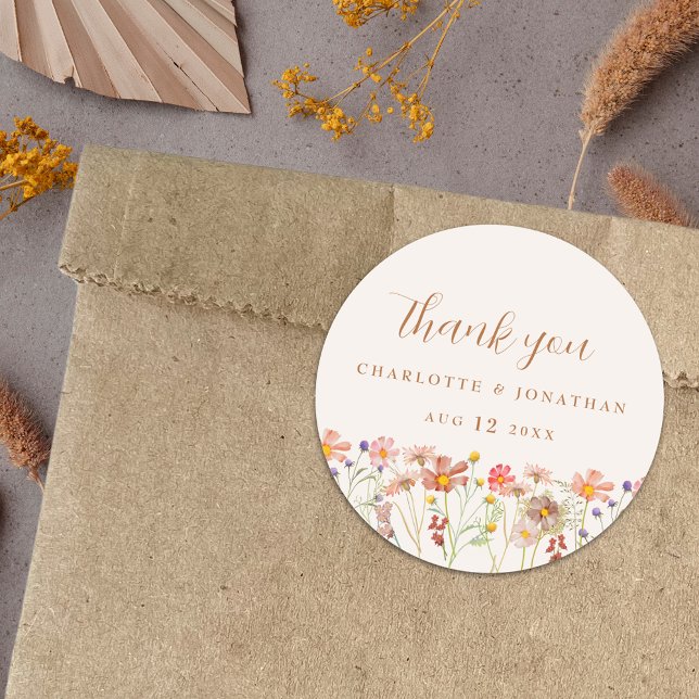 Sticker Rond Mariage Boho Fleur sauvage aquarelle (Boho fall Wildflower Wedding thank you favor stickers watercolor florals elegant script burnt orange)