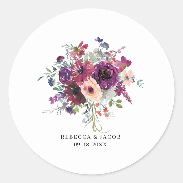 Sticker Rond Mariage Boho Fleur sauvage d'aquarelle Bourgogne (Devant)