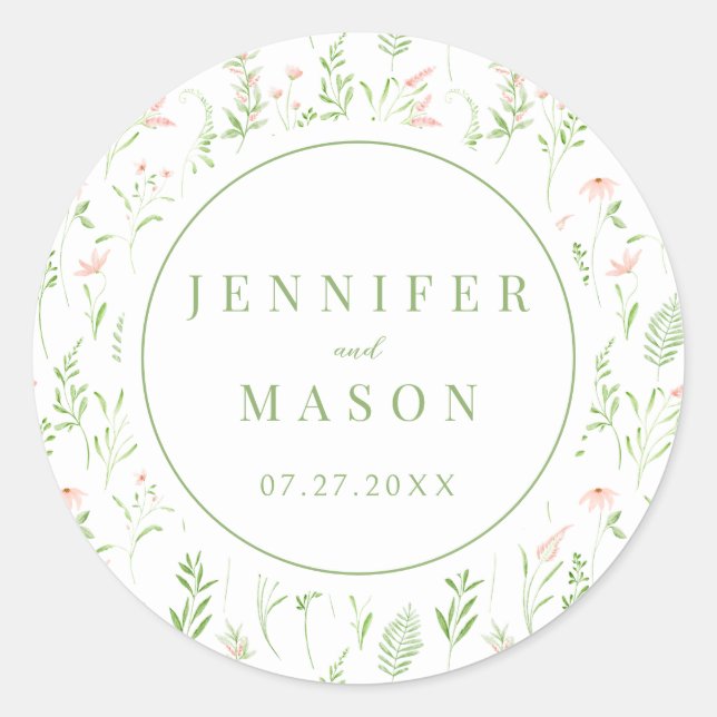 Sticker Rond Mariage boho fleur sauvage rose pâle délicat (Devant)