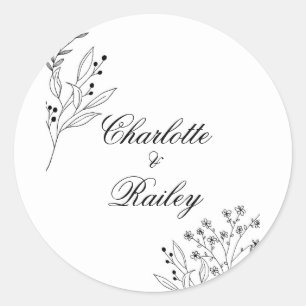 Sticker Rond Mariage Boho floral noir et blanc