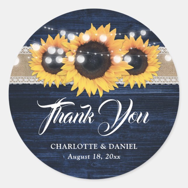 Sticker Rond Mariage Bois Toile Bleu Nuit Tournesol (Devant)