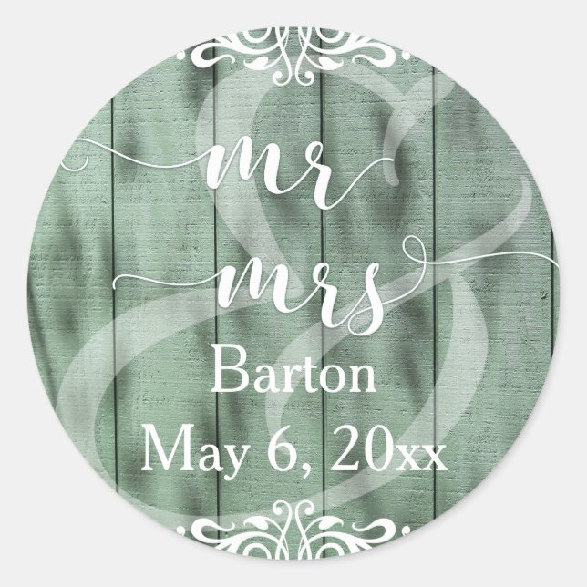 Sticker Rond Mariage Bois Vert Rustique Broderie Blanche (Devant)