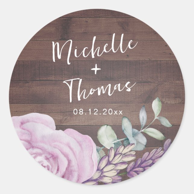 Sticker Rond Mariage Botanique en Bois Rustique (Devant)
