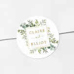 Sticker Rond Mariage Botanique Gold Greenery<br><div class="desc">Cet autocollant mariage présente une aquarelle peinte de la verdure d'eucalyptus,  des feuilles verts et un cadre carré or. Pour une personnalisation plus avancée de cette conception,  cliquez sur le lien "Customiser plus loin". Des articles correspondants sont également disponibles.</div>