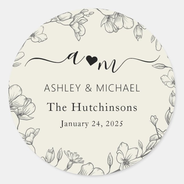 Sticker Rond Mariage botanique moderne monogramme (Devant)