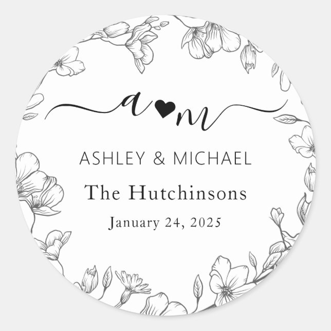 Sticker Rond Mariage botanique moderne monogramme (Devant)