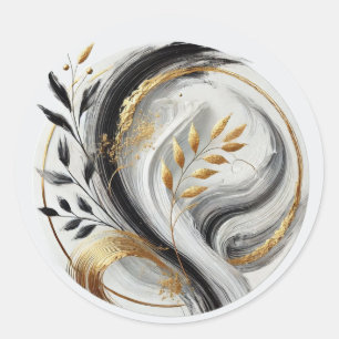 Sticker Rond Mariage botanique moderne noir blanc et or