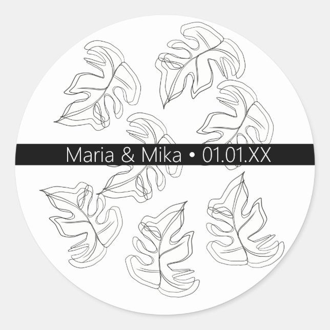 Sticker Rond Mariage botanique Monstera noir et blanc (Devant)