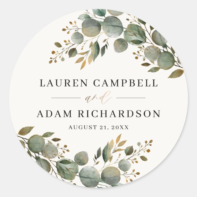 Sticker Rond Mariage Botanique Rustique Eucalyptus (Devant)