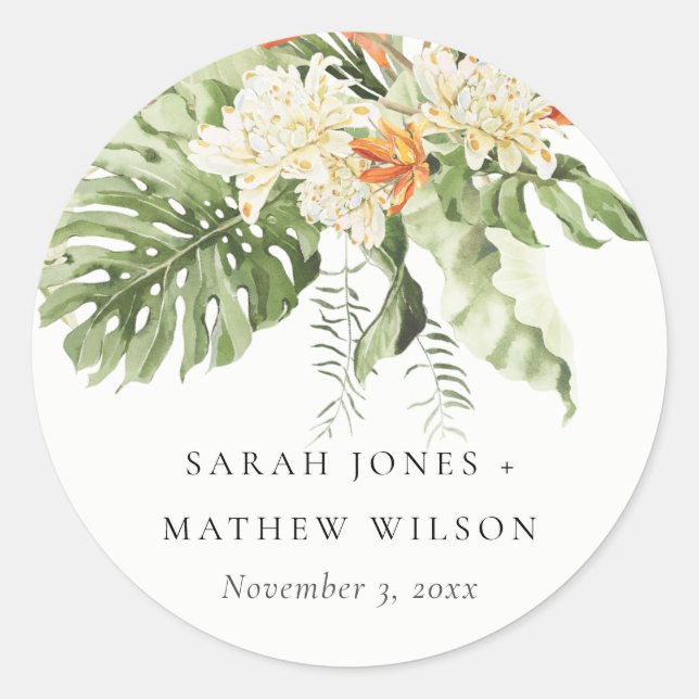 Sticker Rond Mariage Botanique Tropical Orange Feuille Verte (Devant)