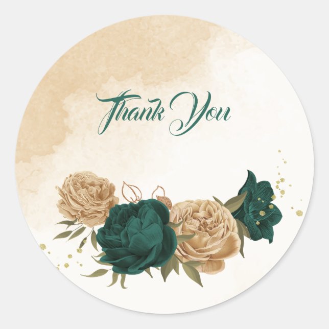 Sticker Rond Mariage botanique vert émeraude beige or (Devant)