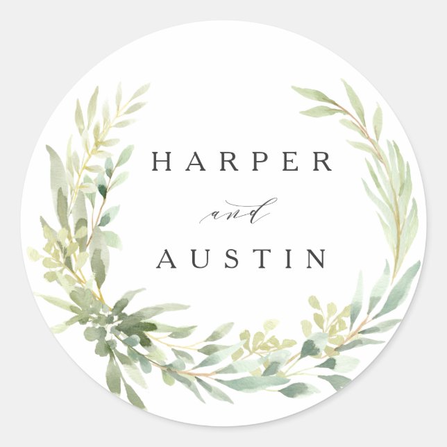 Sticker Rond Mariage botanique vert Foliage Wreath Aquarelle (Devant)