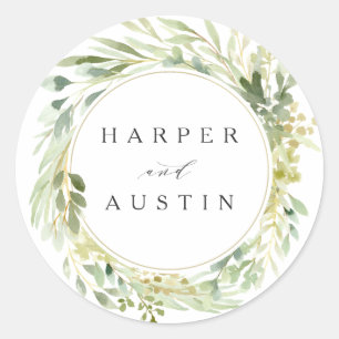 Sticker Rond Mariage botanique vert Foliage Wreath Aquarelle
