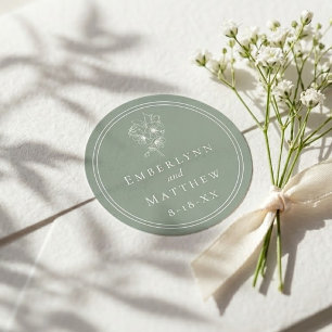 Sticker Rond Mariage Botanique Vert Sauge Élégant Moderne