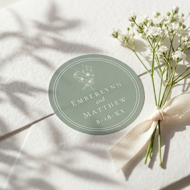Sticker Rond Mariage Botanique Vert Sauge Élégant Moderne (Modern Elegant Sage Green Botanical Wedding Classic Round Sticker)