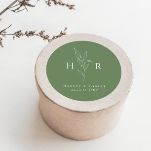 Sticker Rond Mariage botanique vert simple minimal Monogramme