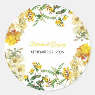 Sticker Rond Mariage botanique vintage jaune Aquarelle