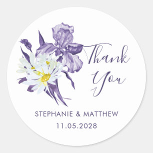 Sticker Rond Mariage botanique violet Iris White Daisy Merci