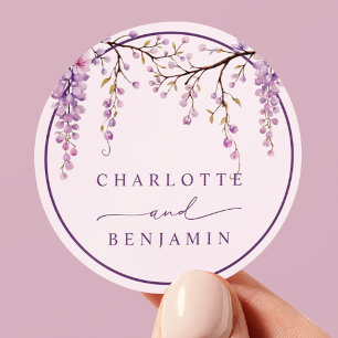 Sticker Rond Mariage Branches de Glycine Violette Florale