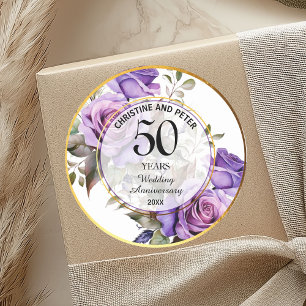 Sticker Rond Mariage Cadre Or Roses Violettes Anniversaire