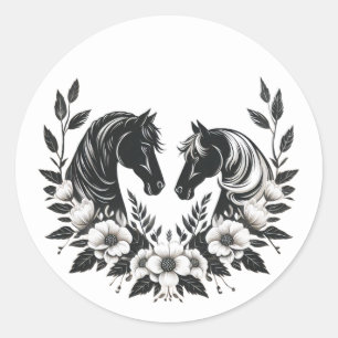 Sticker Rond Mariage campagnard-Chevaux et fleurs