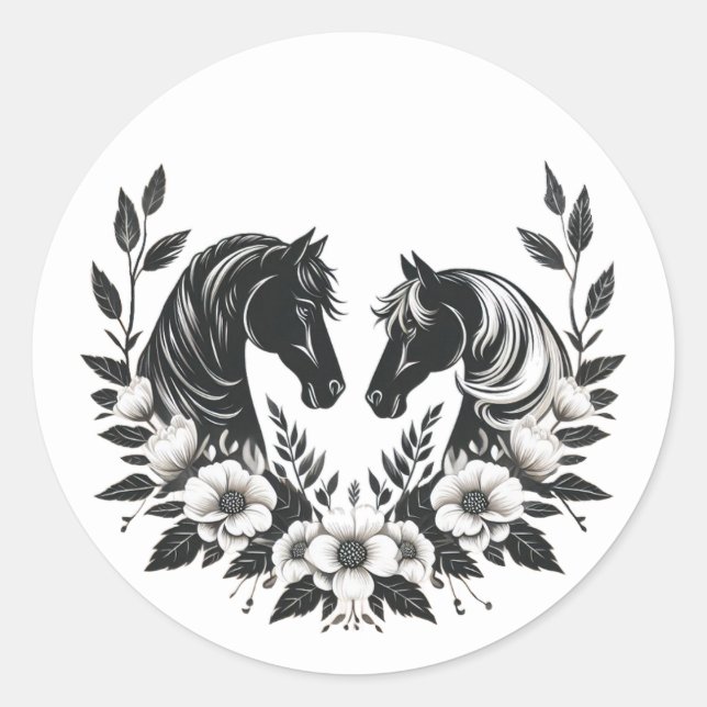 Sticker Rond Mariage campagnard-Chevaux et fleurs (Devant)