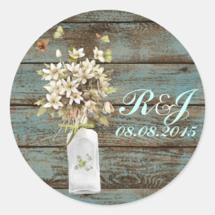 Sticker Rond mariage campagnard fleur sauvage en bois de grange