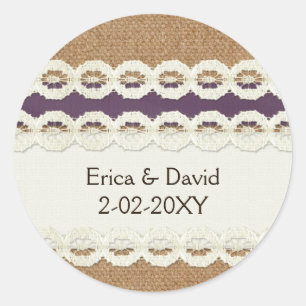 Sticker Rond MARIAGE CAMPAGNARD pourpre pour burlap et dentelle