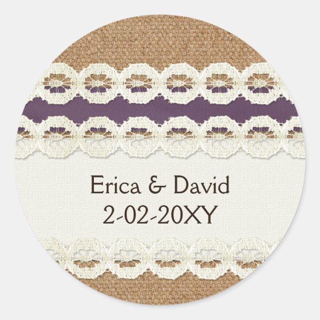 Sticker Rond MARIAGE CAMPAGNARD pourpre pour burlap et dentelle (Devant)
