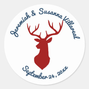 Sticker Rond Mariage campagnard rustique Blue et Red Deer