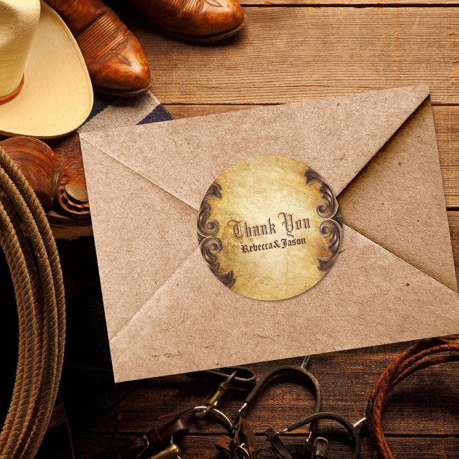 Sticker Rond mariage campagnard rustique vintage ouest merci (rustic vintage western country wedding thank you classic round sticker)