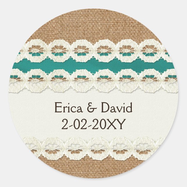 Sticker Rond mariage campagnard turquoise Rustique et dentelle (Devant)