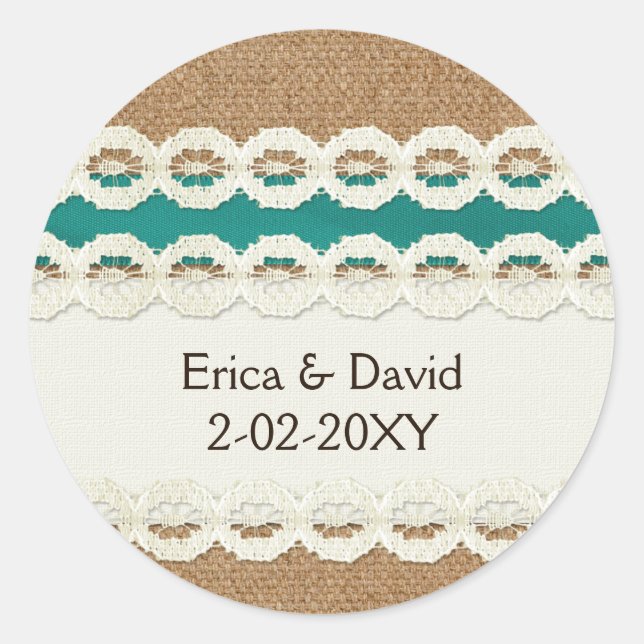 Sticker Rond mariage campagnard turquoise Rustique et dentelle (Devant)