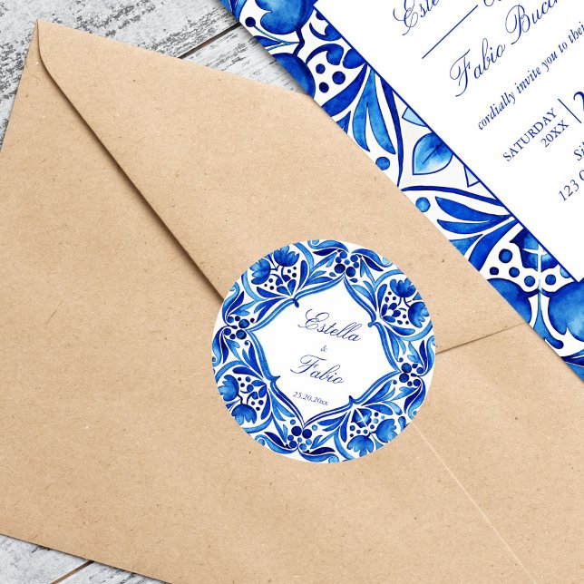 Sticker Rond Mariage carreau bleu azulejo Talavera vintage (Vintage Talavera Azulejo blue tile bride and groom names wedding envelope Stickers)