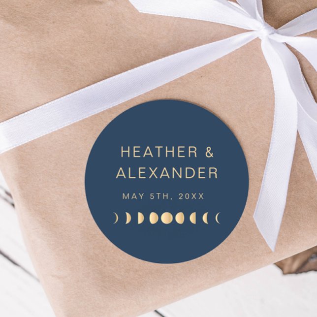 Sticker Rond Mariage céleste (Navy Blue and Gold Celestial Wedding Classic Round Sticker
)