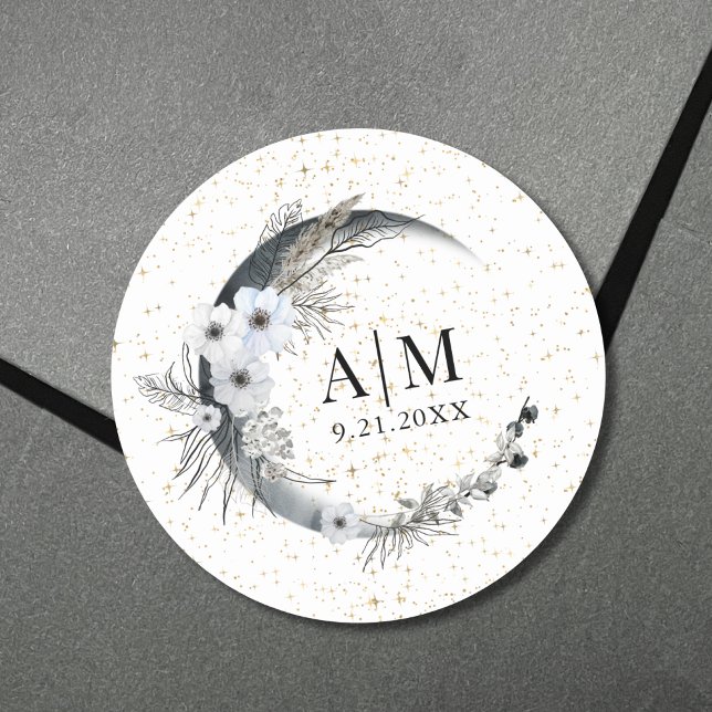 Sticker Rond Mariage Céleste Lune Étoiles (Moon Stars Celestial Wedding Classic Round Sticker)
