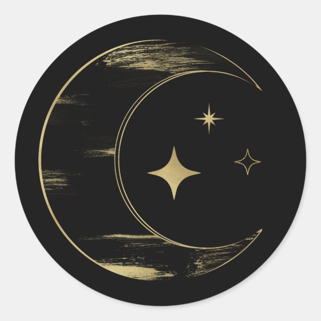 Sticker Rond Mariage Céleste Lune Étoiles Noir & Or (Devant)