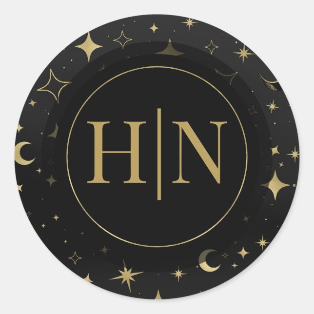 Sticker Rond Mariage Céleste Lune Étoiles Noir & Or (Devant)