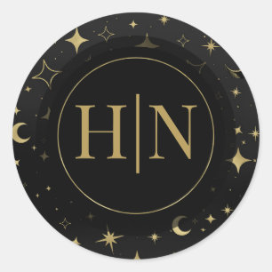 Sticker Rond Mariage Céleste Lune Étoiles Noir & Or