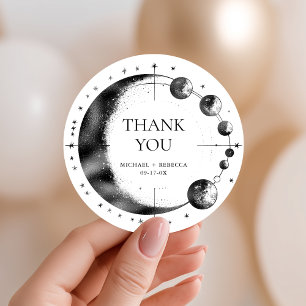 Sticker Rond Mariage céleste noir blanc Lune phase Merci
