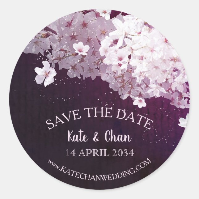 Sticker Rond Mariage cerise en fleurs Enregistrer la date (Devant)