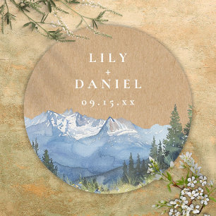 Sticker Rond Mariage Champêtre à l'Aquarelle aux Montagnes avec