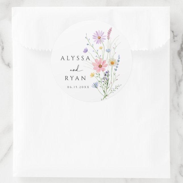 Sticker Rond Mariage Champêtre de Fleurs Sauvages Délicates (Sac)