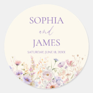 Sticker Rond Mariage Champêtre de Fleurs Sauvages Rose Violet