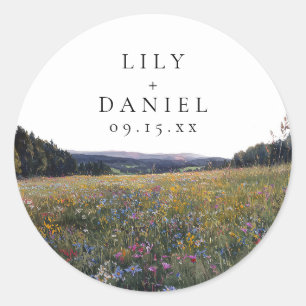 Sticker Rond Mariage Champêtre Floral Fleurs Sauvages Aquarelle